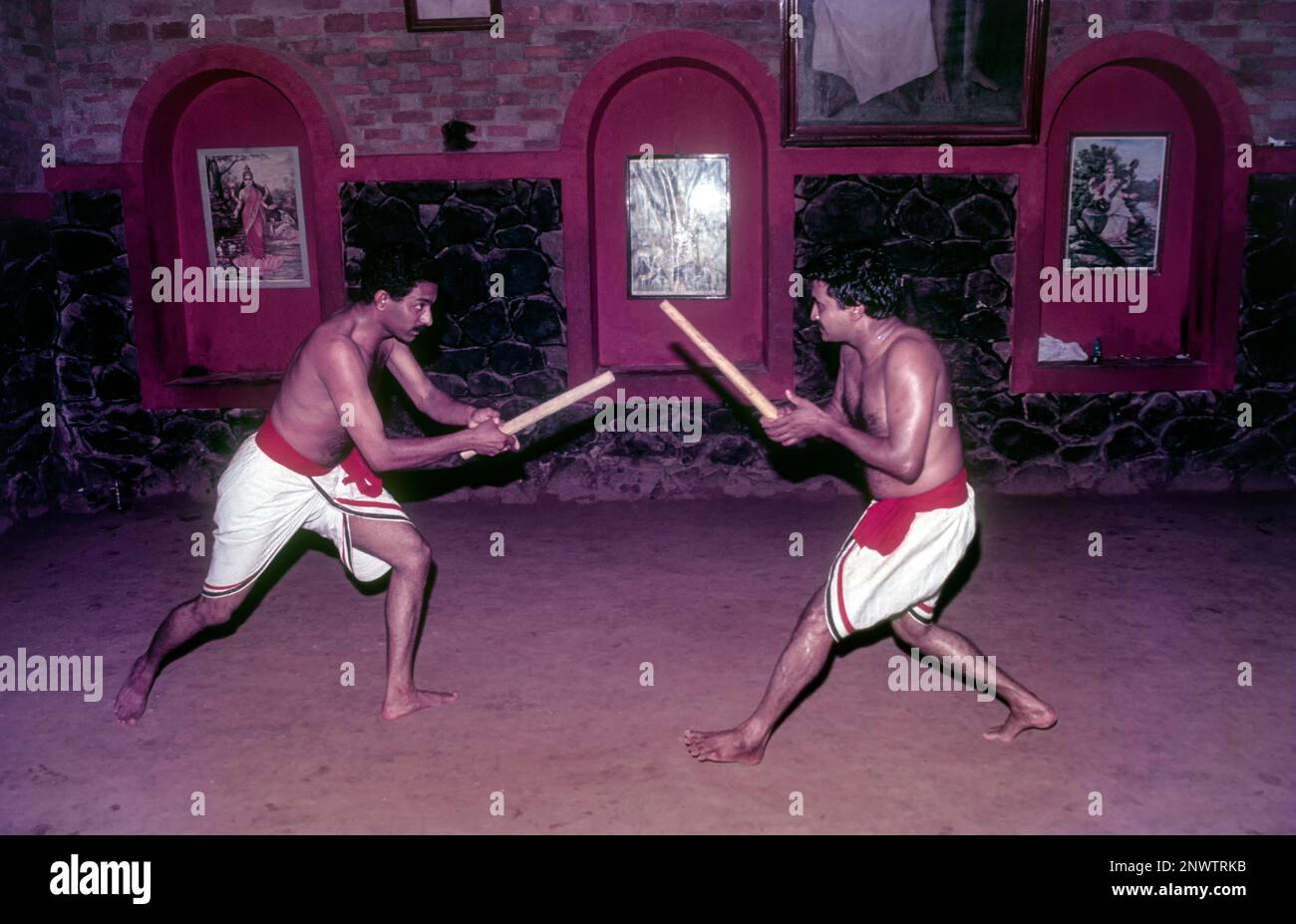 Kalari or Kalaripayattu, Ancient martial art, Stick Fight, Kerala, India, Asia Stock Photo