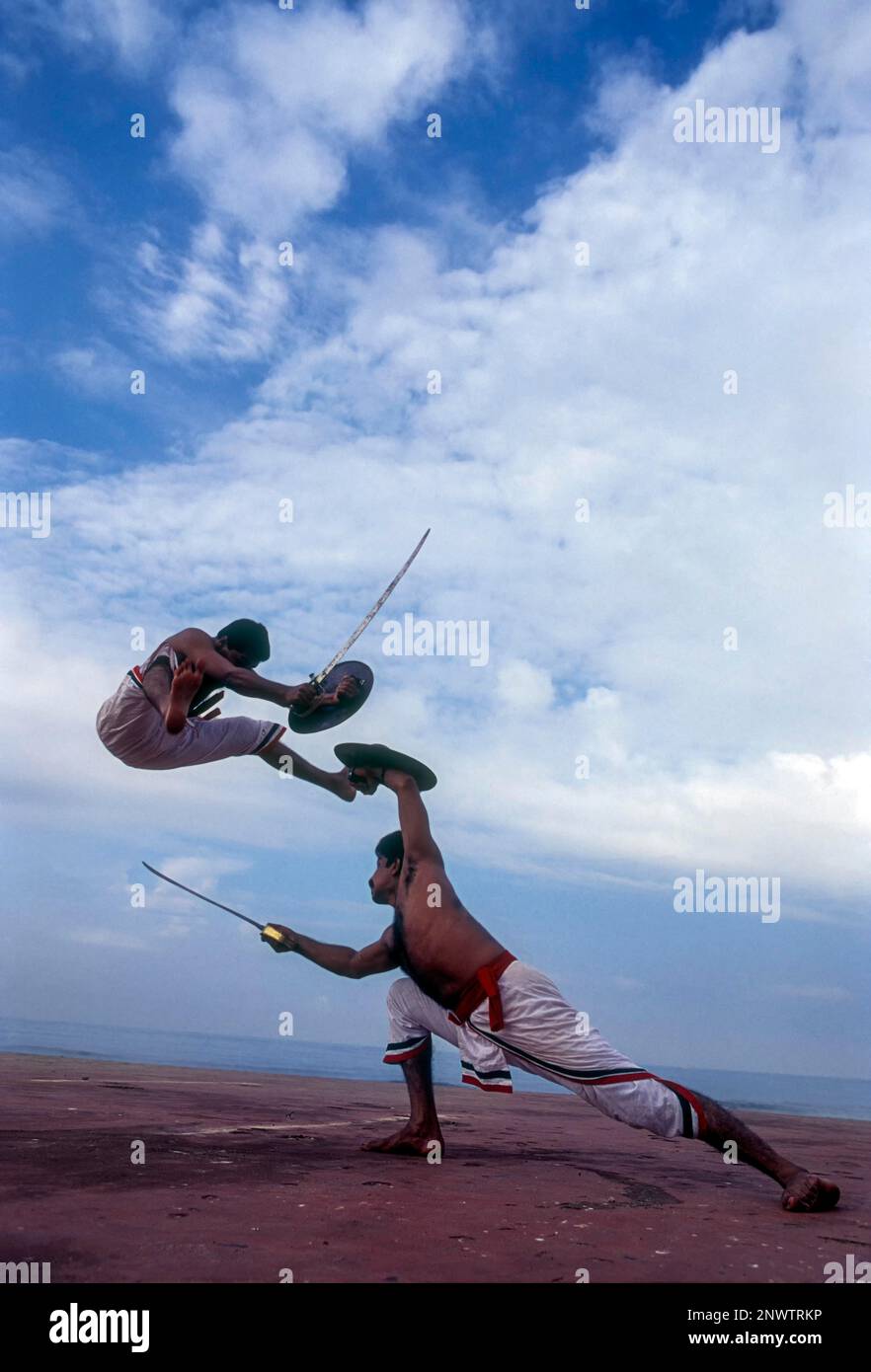 Kalari or Kalaripayattu, Ancient martial art, Sword and Shield Fight, Kerala, India, Asia Stock Photo