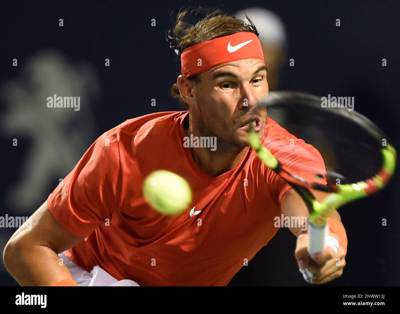 Rafael Nadal, of Spain, returns to Karen Khachanov, of Russia, during the  semifinals of the Rogers Cup men's tennis tournament in Toronto, Saturday,  Aug. 11, 2018. (Nathan Denette/The Canadian Press via AP