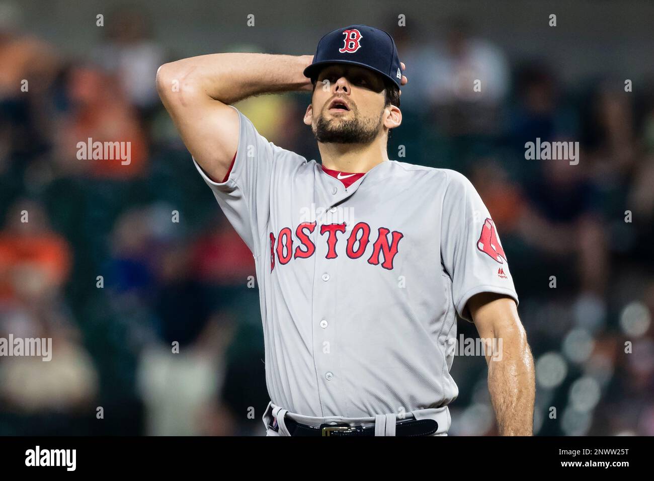 Boston Red Sox starting pitcher Nathan Eovaldi reacts after