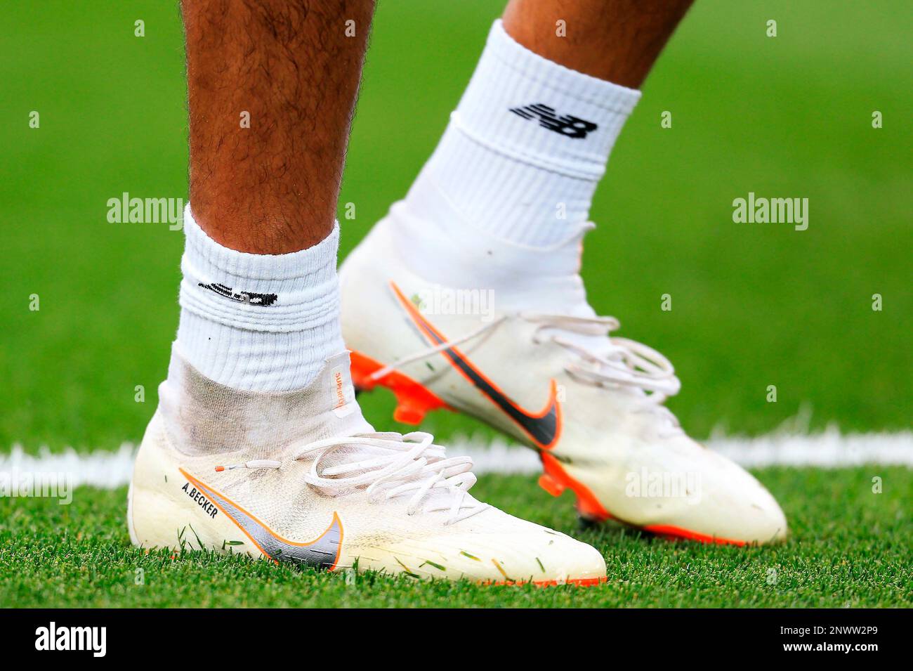 August 7, 2018 - Liverpool, United Kingdom - The personalised Nike  Supervenom football boots worn by Liverpool''s Alisson Becker during the  pre-season friendly match at Anfield Stadium, Liverpool. Picture date 7th  August