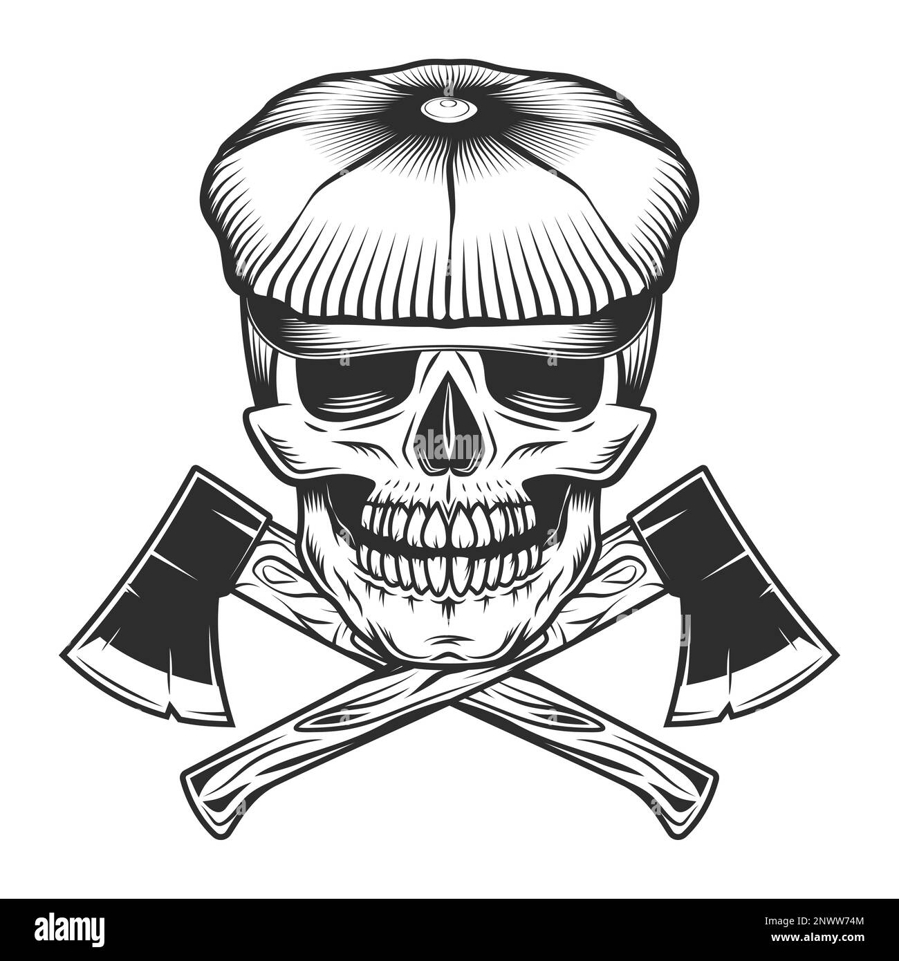Skull in the tweed hat flat cap with crossed construction lumberjack axe vector vintage
