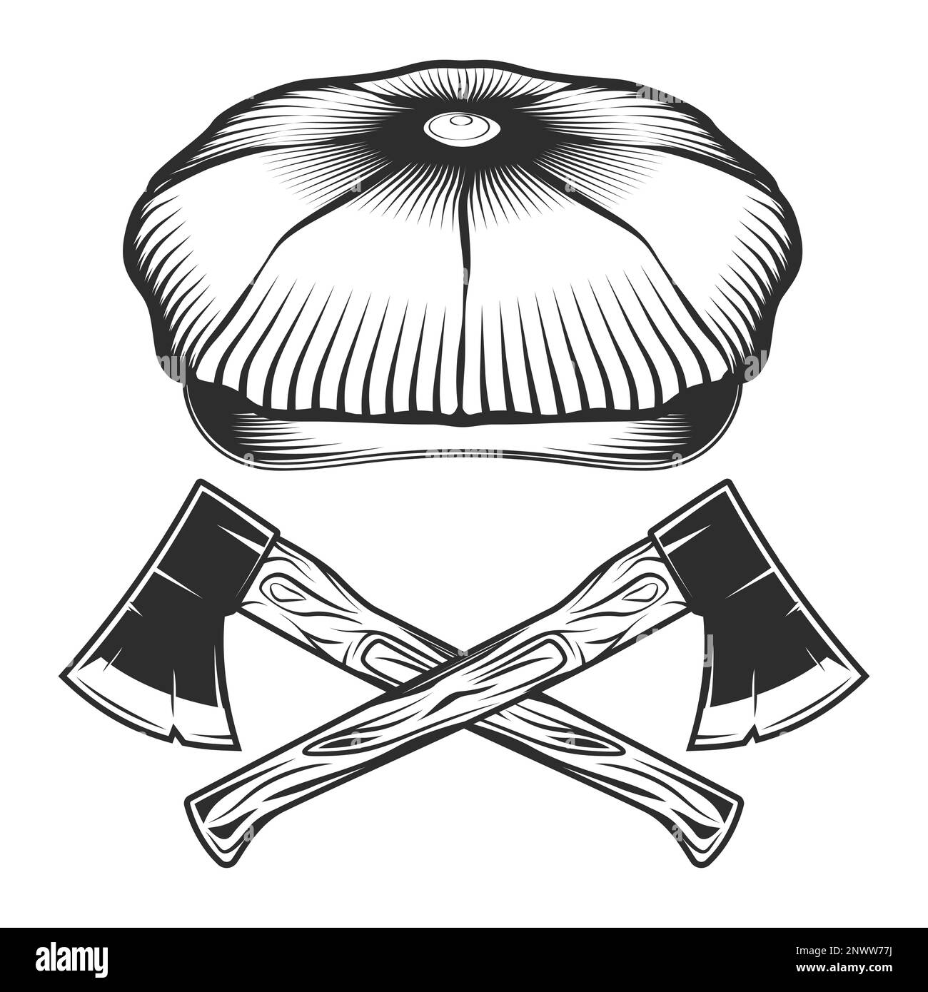 Tweed hat or flat cap with crossed lumberjack axe vintage illustration Stock Vector Image & Art