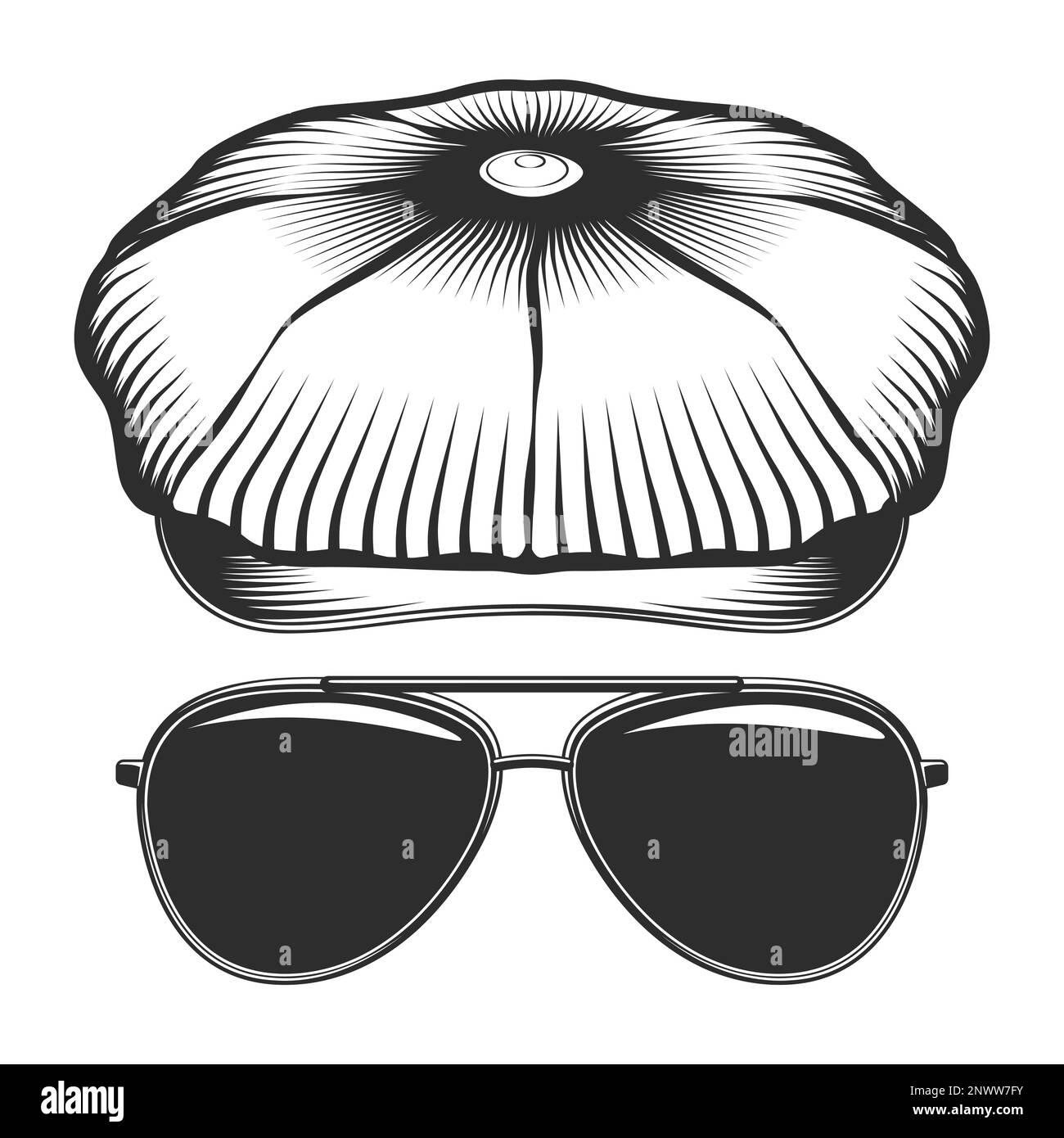 Tweed hat or flat cap with sunglasses vector vintage illustration Stock