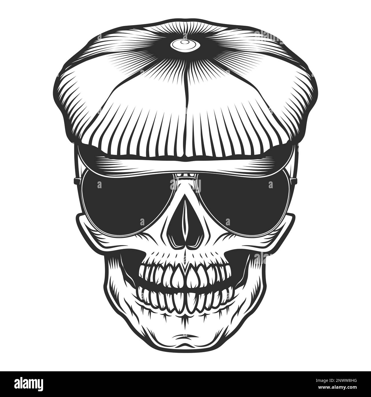 Skull in the tweed hat flat cap with sunglasses vintage vector illustration Stock Vector
