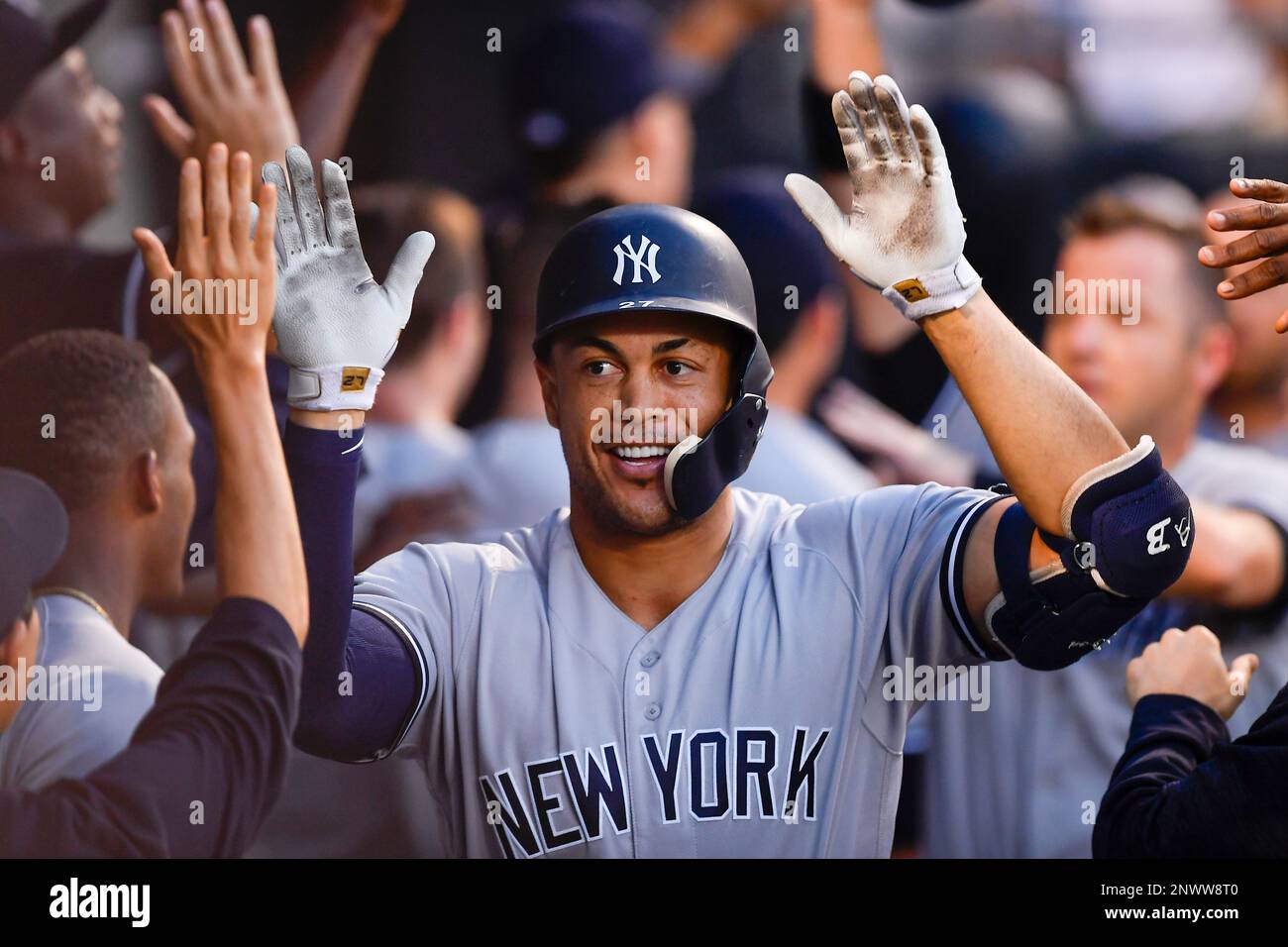 CHICAGO, IL - AUGUST 08: New York Yankees center fielder Isiah Kiner-Falefa  (12) throws the ball to third base for an out during a Major League  Baseball game between the New York