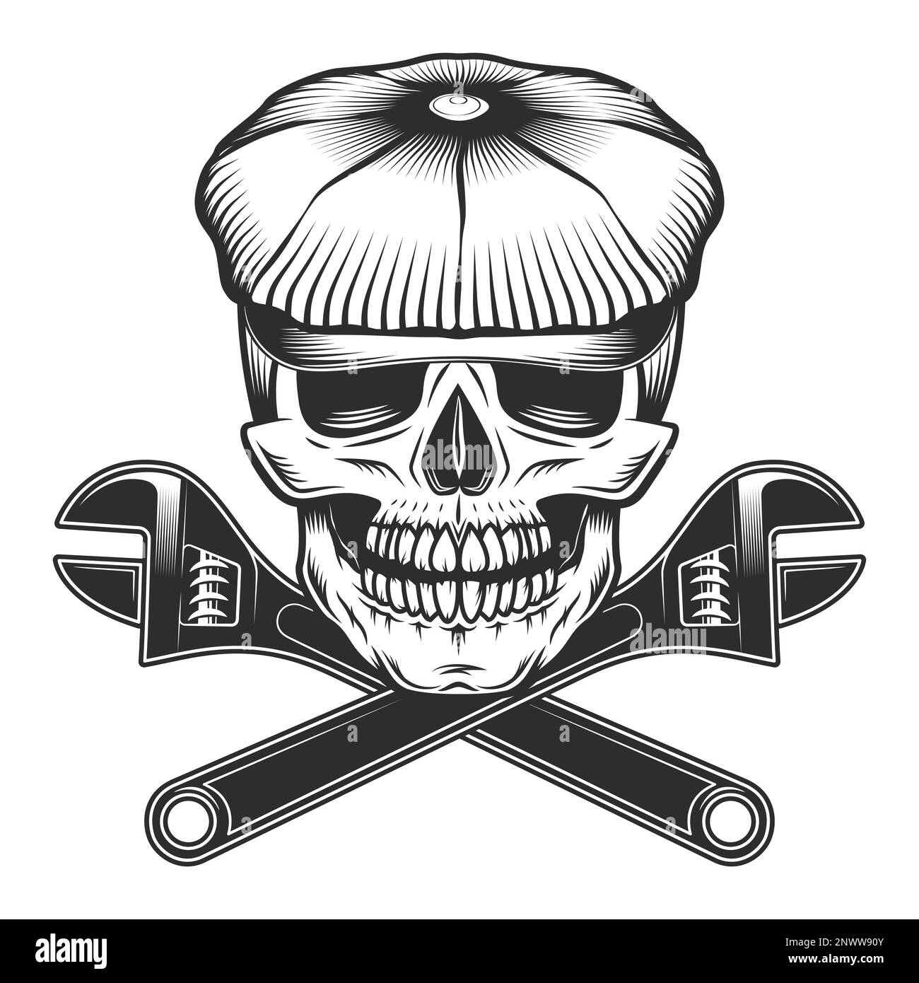 Skull in the tweed hat flat cap with crossed plumbing adjustable wrench ...