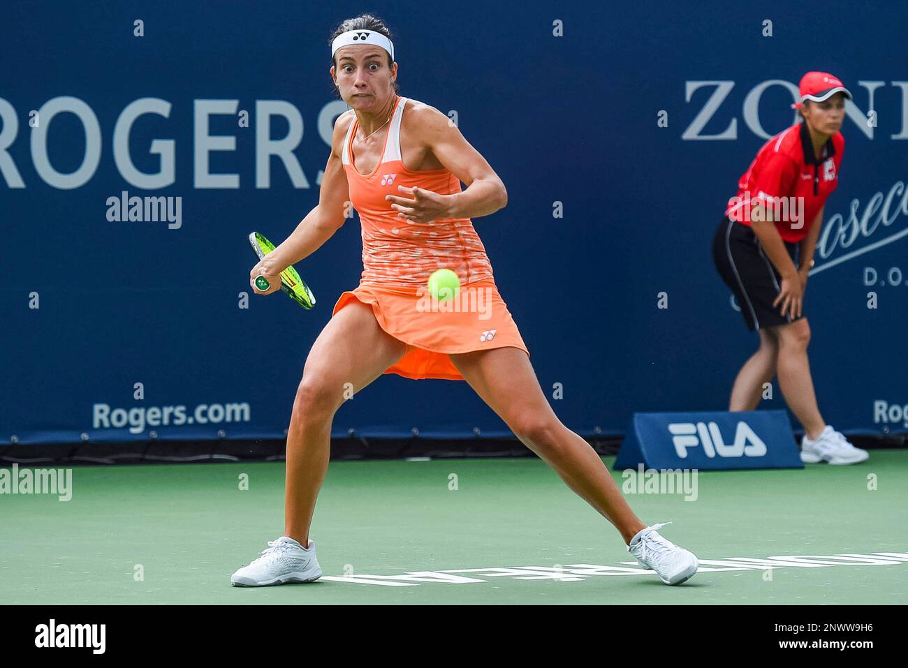 MONTREAL, QC - AUGUST 08: Anastasija Sevastova (LAT) returns the ball  during her second round match at WTA Coupe Rogers on August 8, 2018 at IGA  Stadium in Montréal, QC (Photo by