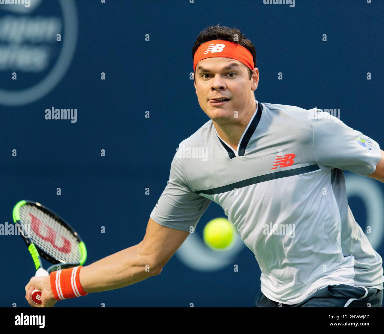 TORONTO, ON - AUGUST 06: Milos Raonic of Canada battles opponent David  Goffin of Belgium in their evening match at the Rogers Cup Monday August 6,  2018 at Aviva Centre in Toronto,