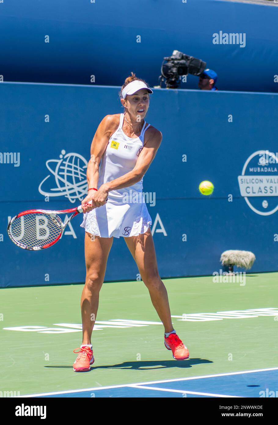 SAN JOSE, CA - AUGUST 05: Mihaela Buzarnescu (ROU) places a backhand during  the WTA Singles Championship at the Mubadala Silicon Valley Classic at the San  Jose State University Stadium Court in