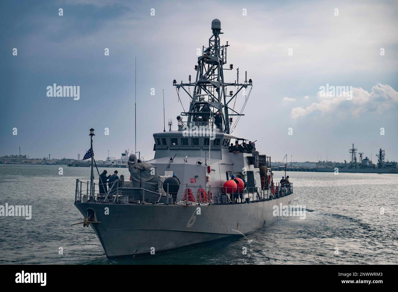 230114-N-EG592-1090 MANAMA, Bahrain (Jan. 14, 2023) Patrol coastal ship USS Sirocco (PC 6) departs Naval Support Activity Bahrain, Jan. 14. Sirocco is deployed to the U.S. 5th Fleet area of operations to help ensure maritime security and stability in the Middle East region. Stock Photo