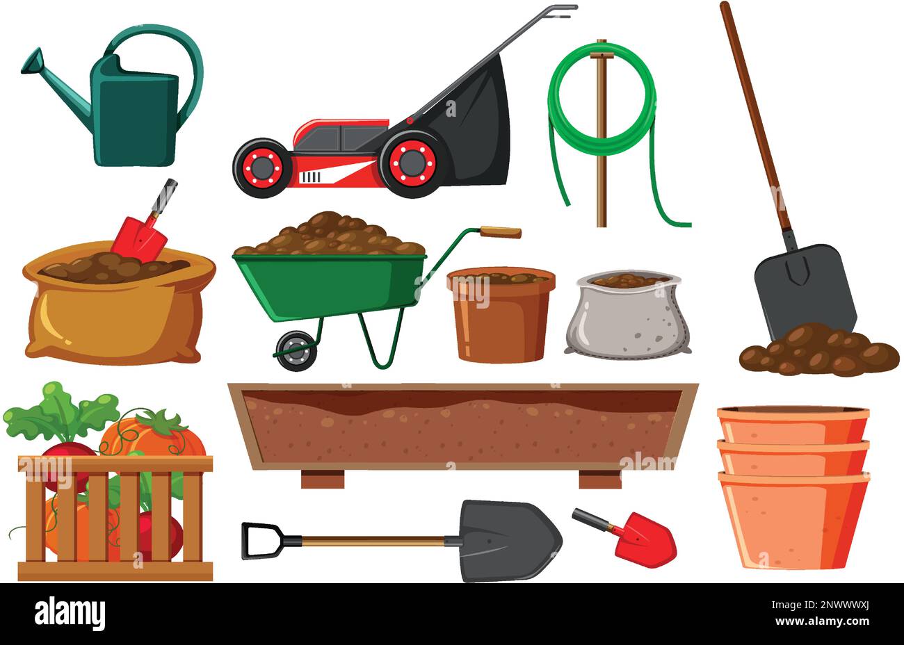 Set of plant and gardening tools and equipment illustration Stock