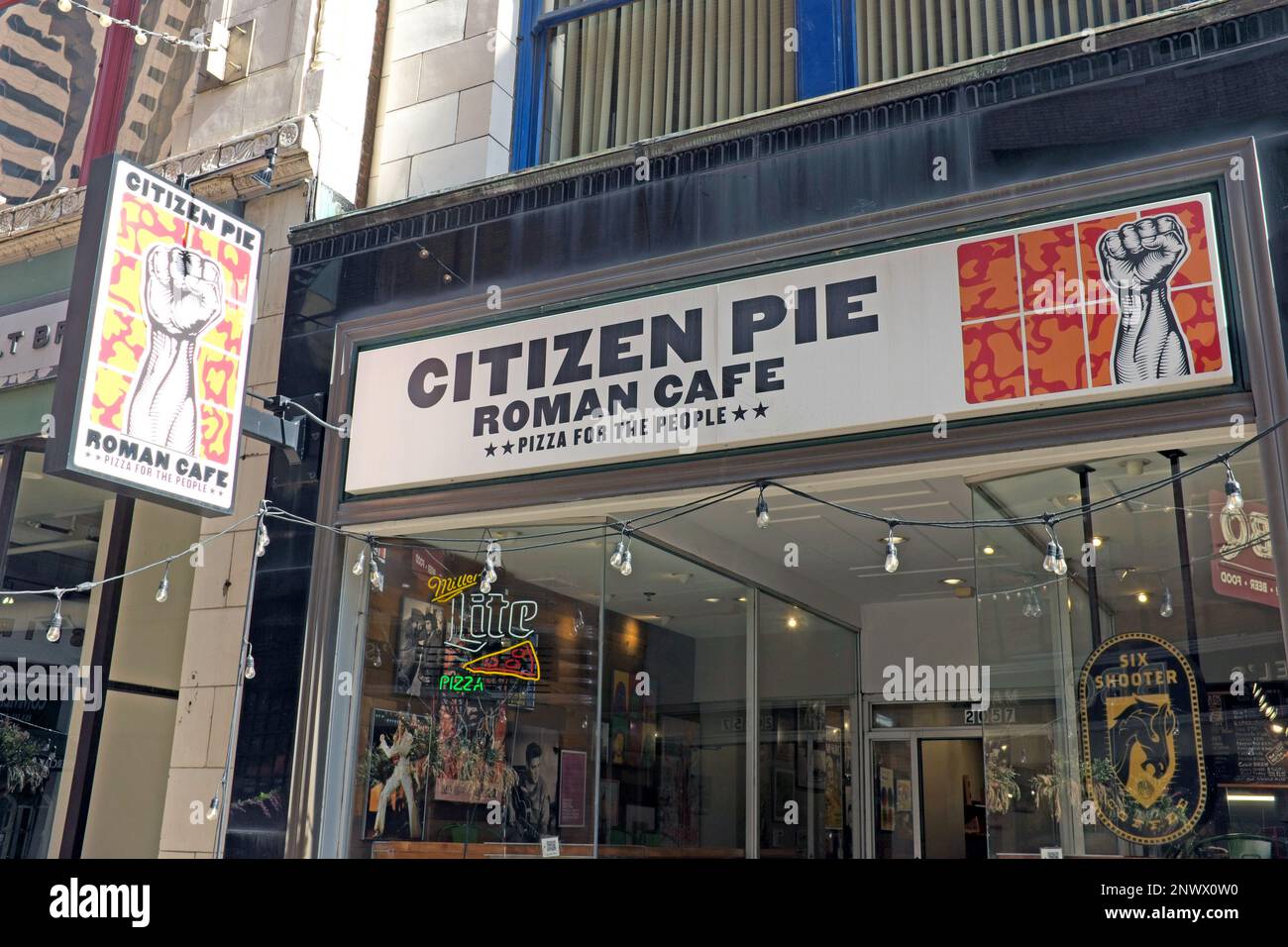 Citizen Pie Roman Cafe Pizza for the People on East 4th Street in the Gateway District in downtown Cleveland, Ohio, USA. Stock Photo