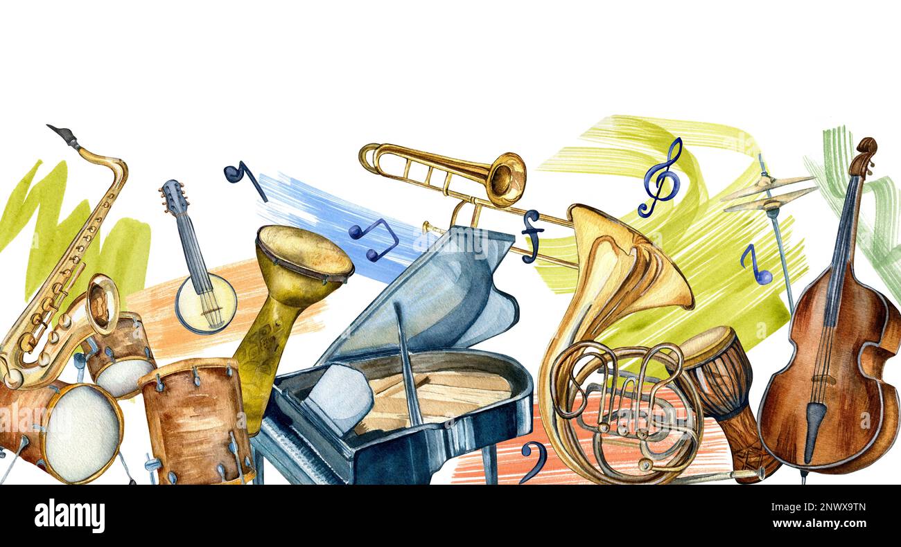 Board of jazz musical instruments and brush strokes watercolor ...