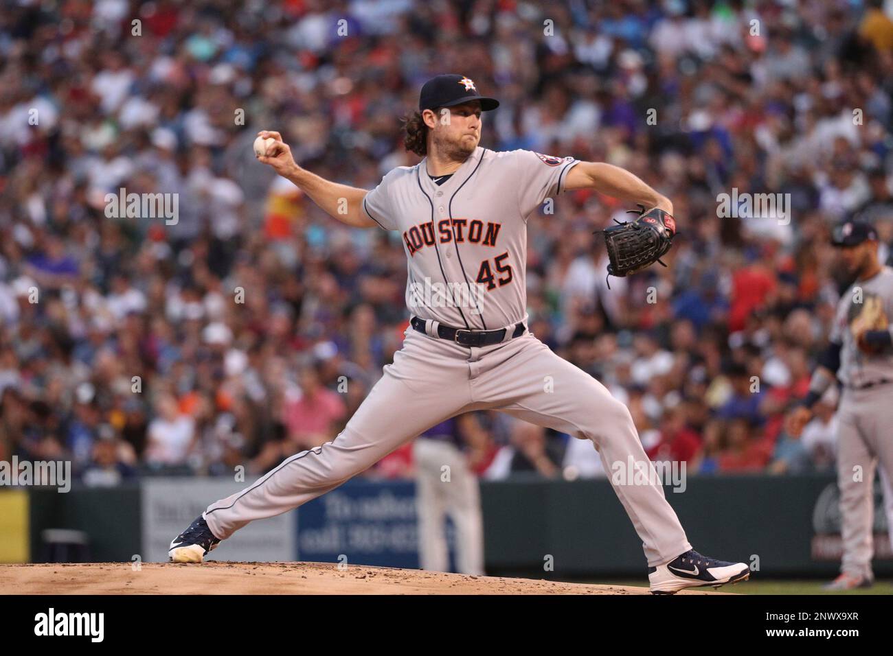 Houston Astros starting pitcher Gerrit Cole (45) goes into his stretch in a  game against the Colorado Rockies, July 23, 2018 in Denver. (Margaret  Bowles via AP Images Stock Photo - Alamy