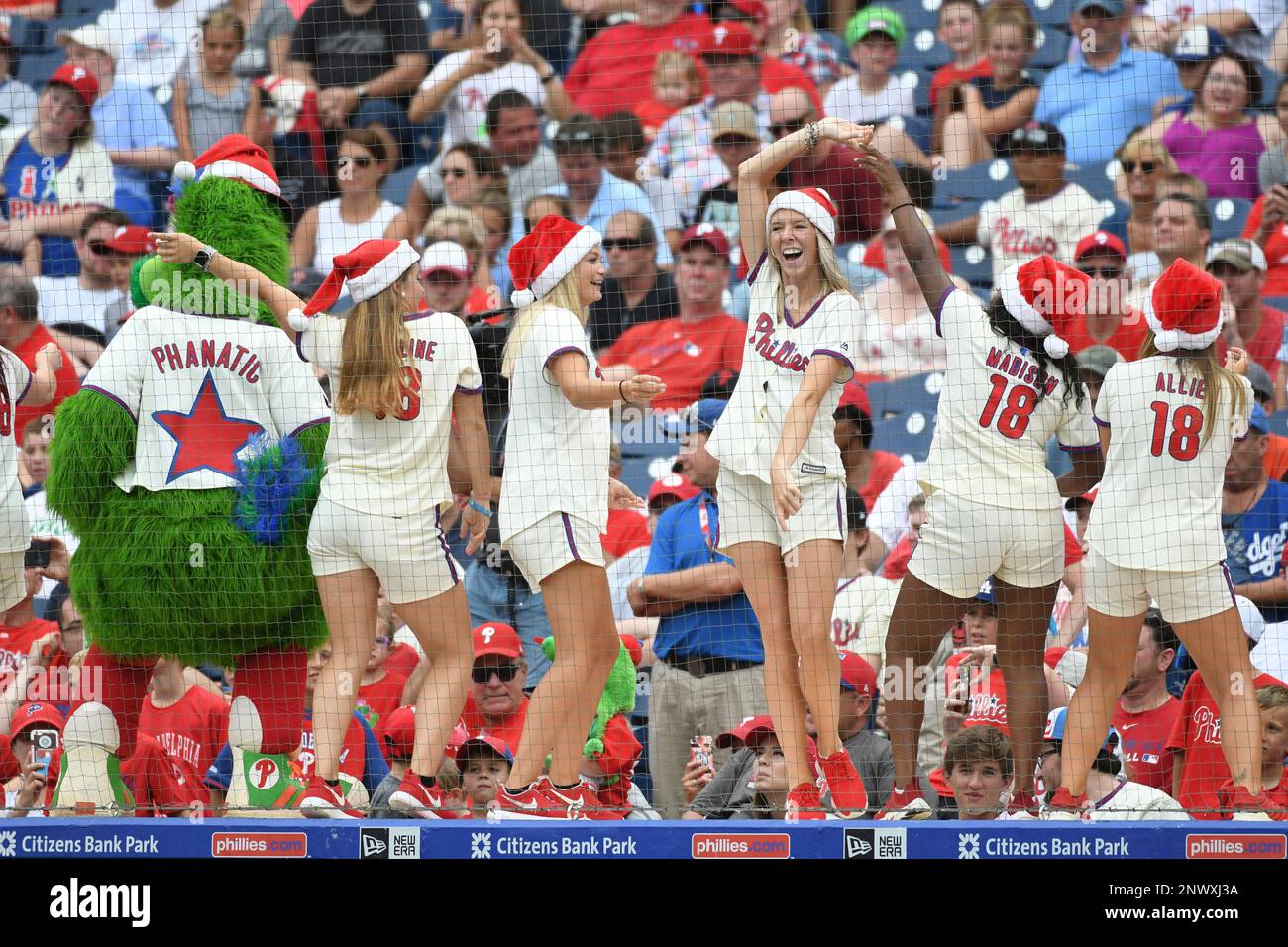 Philadelphia Phillies ball girls in short shorts do a dance on the field  with the Philadelphia Phantic to cheer up the crowd as heavy rain falls  durning fifth inning World Series game