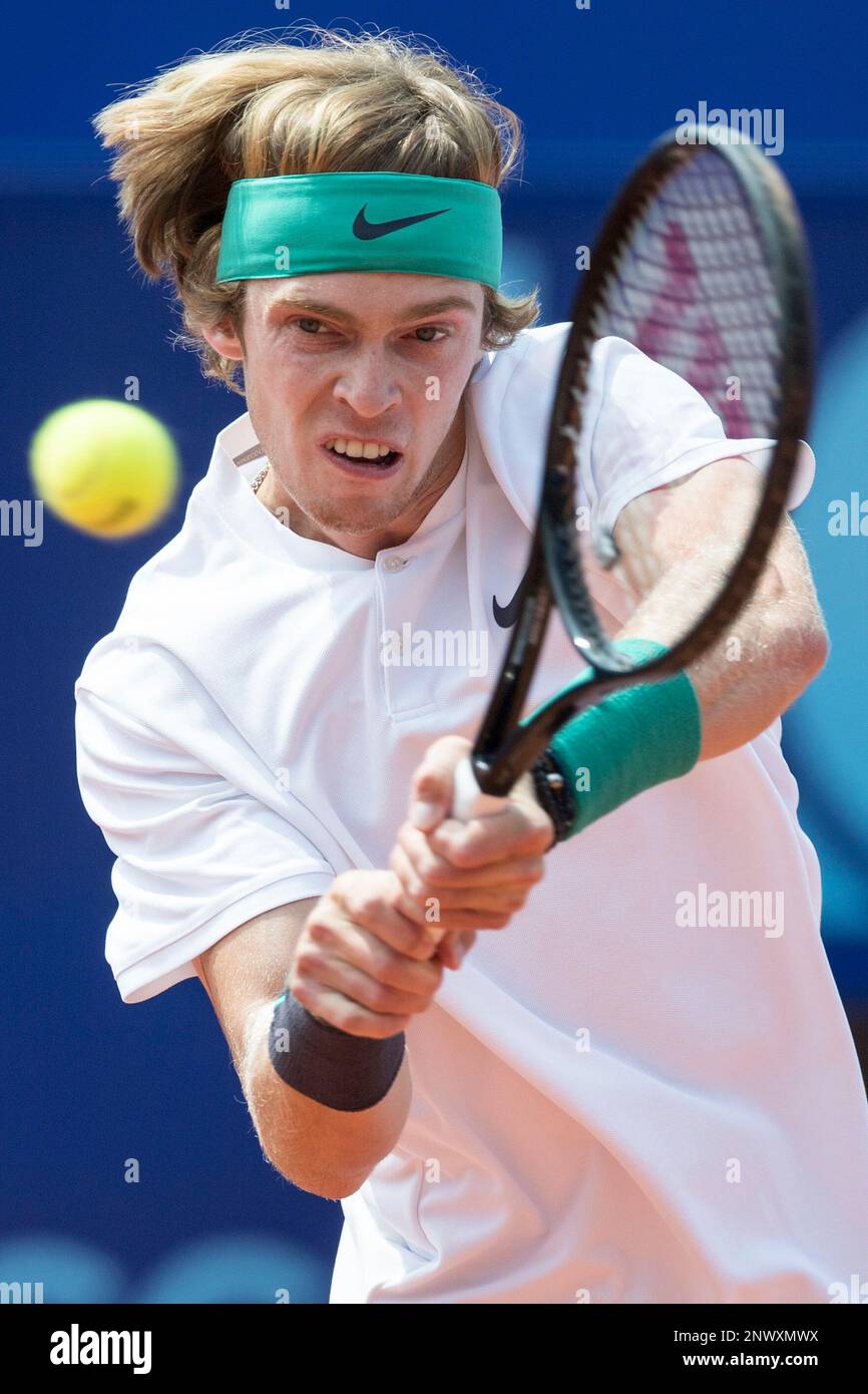 Andrey Rublev of Russia returns a ball to Matteo Berrettini of Italy during a second round game at the Swiss Open tennis tournament in Gstaad, Switzerland, Wednesday, July 25, 2018