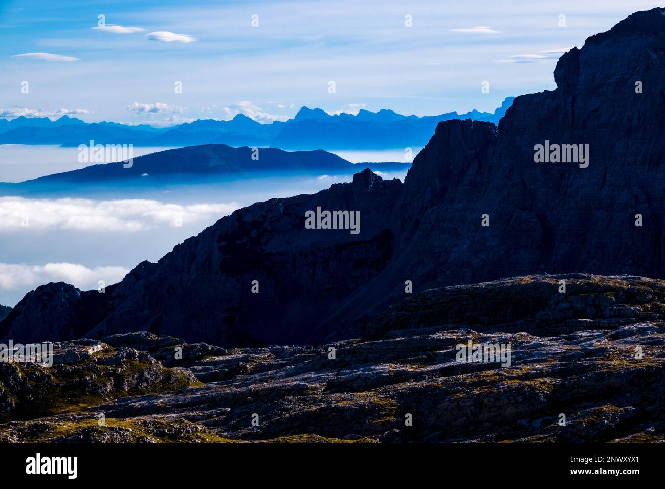 Aerial view on Eisack Valley and the main range of the alps north of the Dolomites, seen from Passo del Groste. Stock Photo