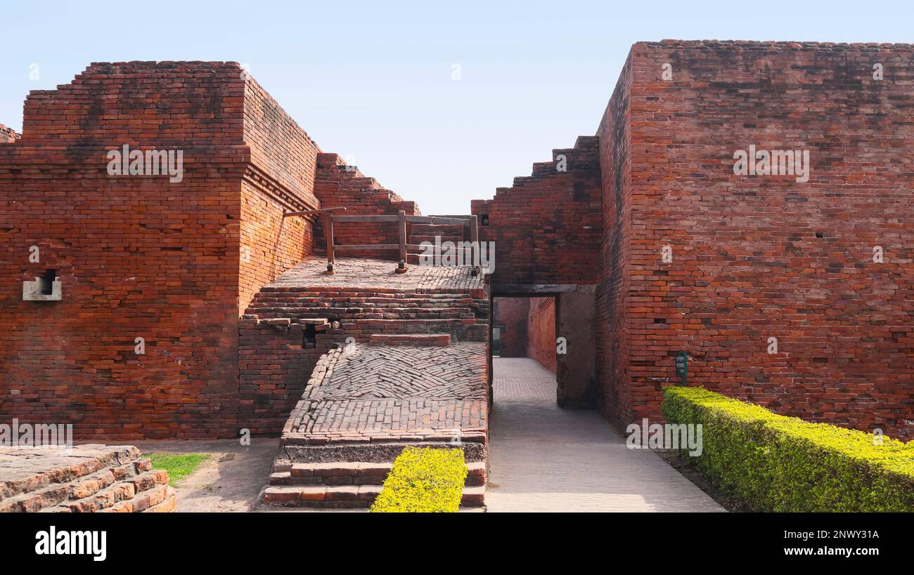 Ruins of Nalanda University with Red Bricks, Rajgir, Nalanda, Bihar, India Stock Photo