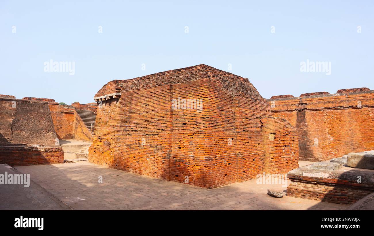 Ruins of Nalanda University Red Bricks, Rajgir, Nalanda, Bihar, India Stock Photo
