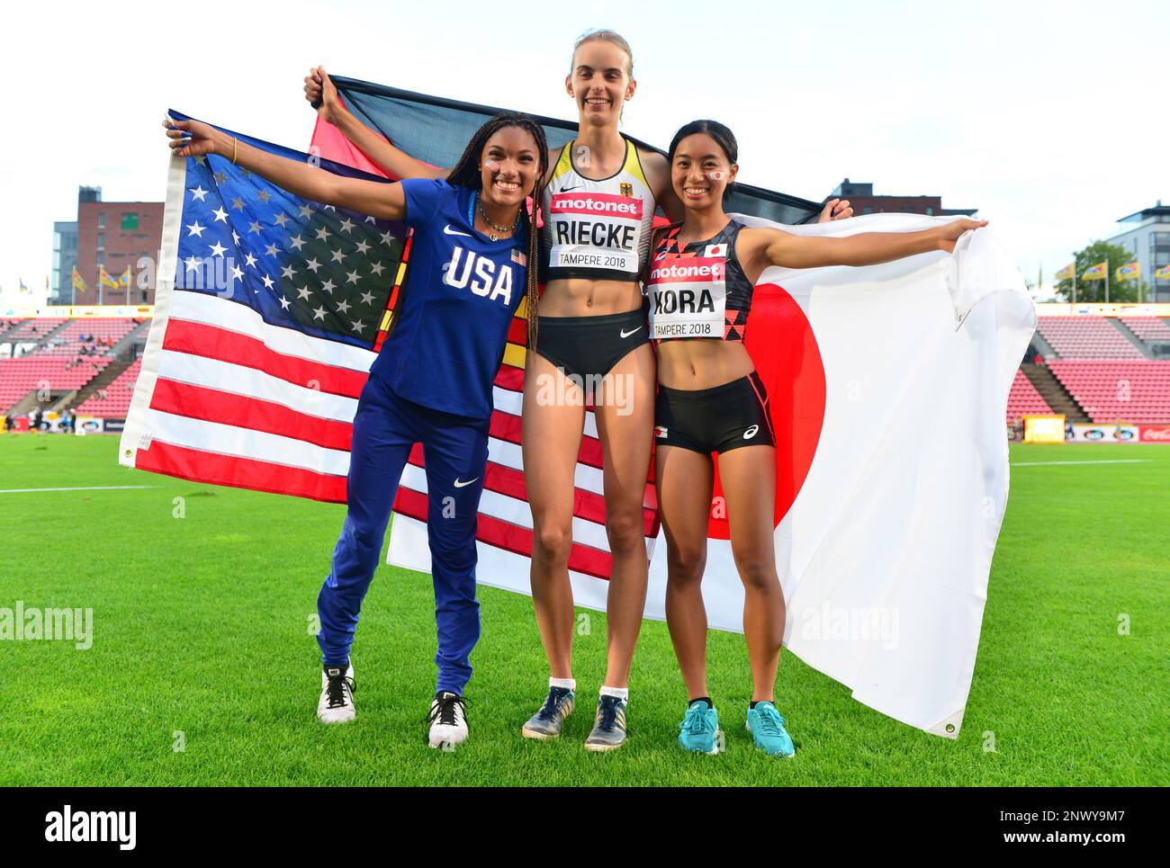 Women's long jump gold medalist LeaJasmin Riecke (GER), center, silver