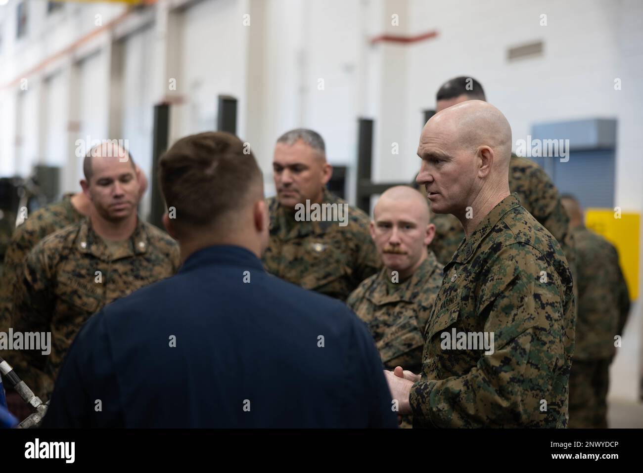 U.S. Marine Sgt. Maj. Troy E. Black, the sergeant major of the Marine Corps, talks with Marines from 3rd Assault Amphibian Battalion, 1st Marine Division, on Marine Corps Base Camp Pendleton, California, Feb. 7, 2023. Black’s visit with Camp Pendleton units allows him to advocate for quality of life for the Marines at operational units whose focus is warfighting and training for warfighting. He also spoke with noncommissioned officers regarding the changes associated with Force Design 2030, and the training and education that will prepare them to lead Marines in a fight in the future. Stock Photo