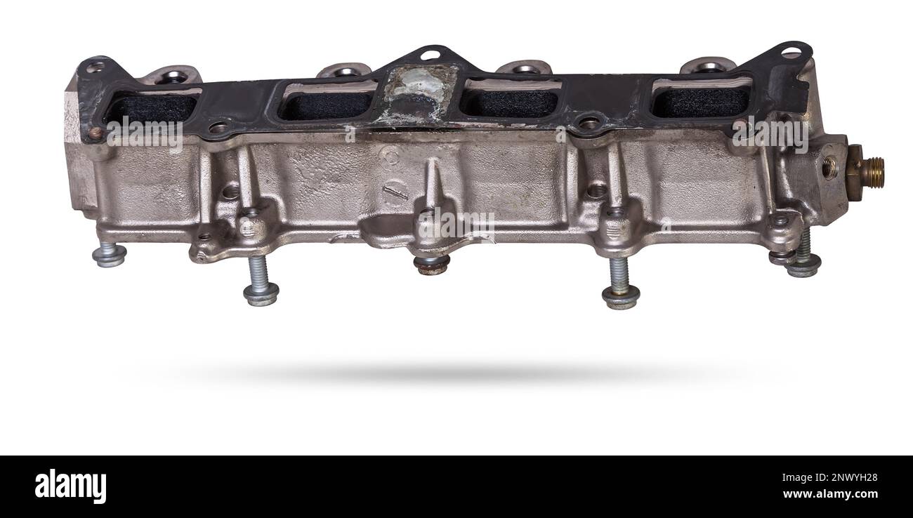 Close-up on a car fuel rail with injectors for supplying gasoline to a ...