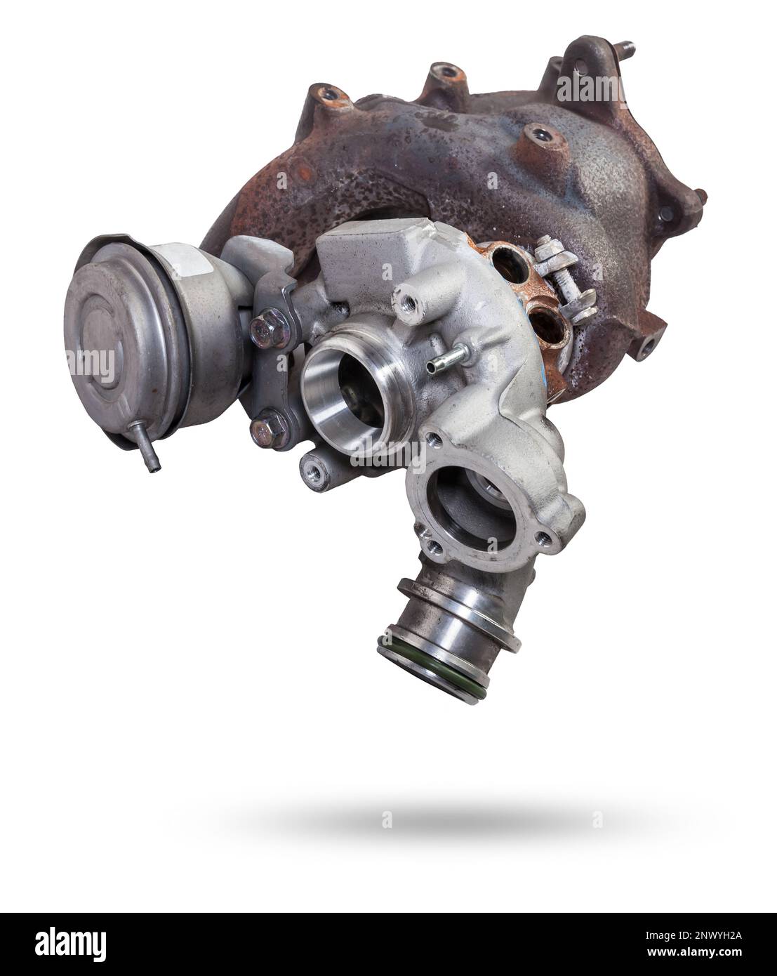 Turbo charger installed for power booster torque drive on white isolated background. Auto service industry for racing. Stock Photo