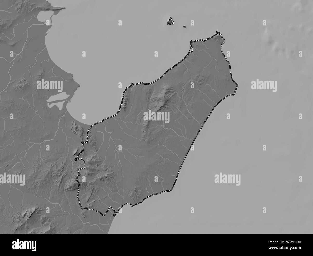 Nabeul, governorate of Tunisia. Bilevel elevation map with lakes and rivers Stock Photo