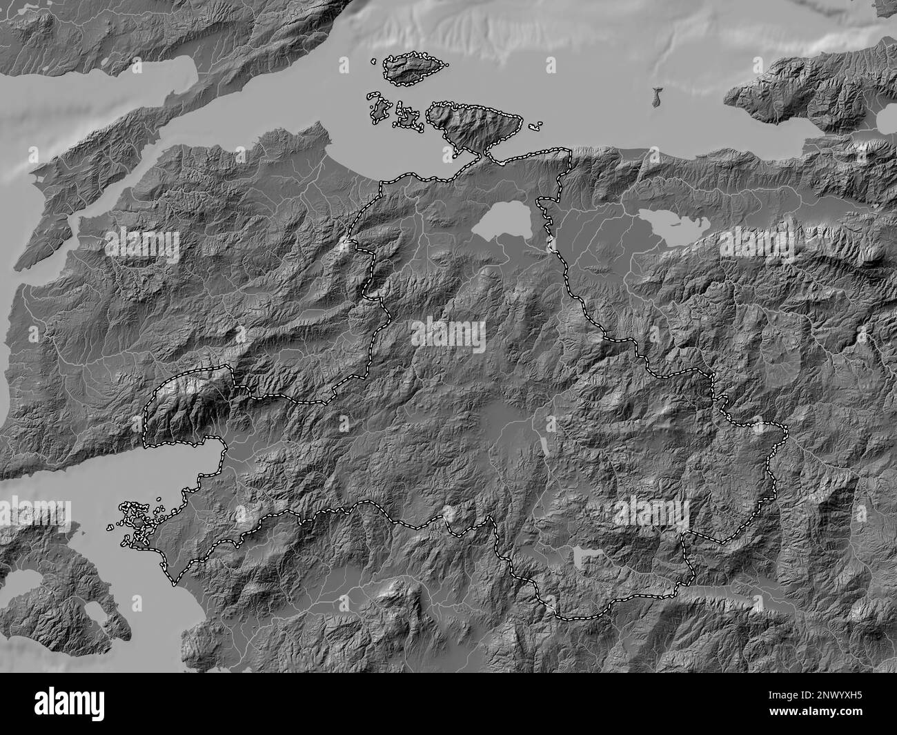 Balikesir, province of Turkiye. Bilevel elevation map with lakes and rivers Stock Photo