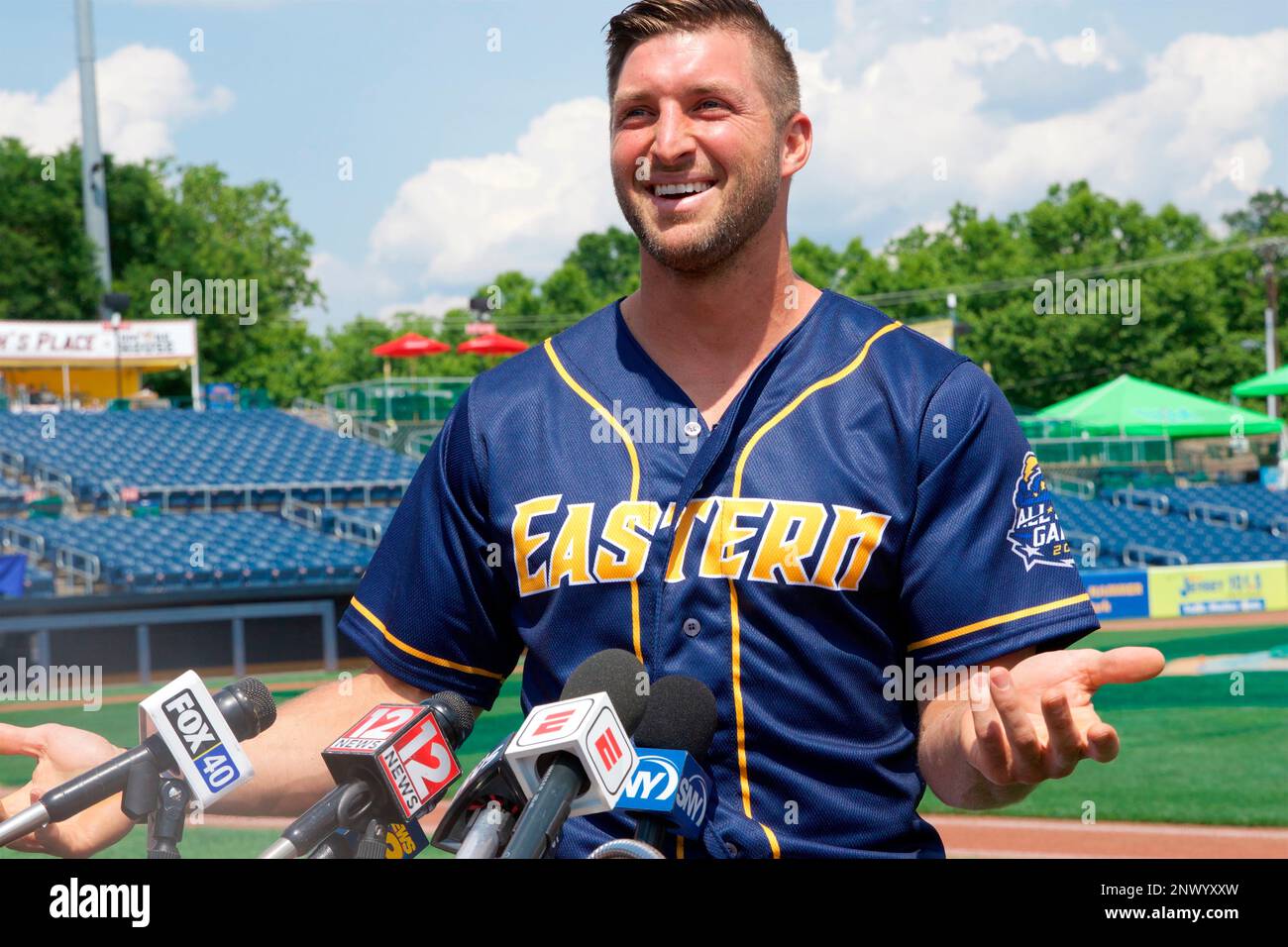 July 11, 2018 - Trenton, New Jersey, U.S - TIM TEBOW answers questions from  the media before participating in the Eastern League All-Star Game. He was  selected from the Binghamton Rumble Ponies