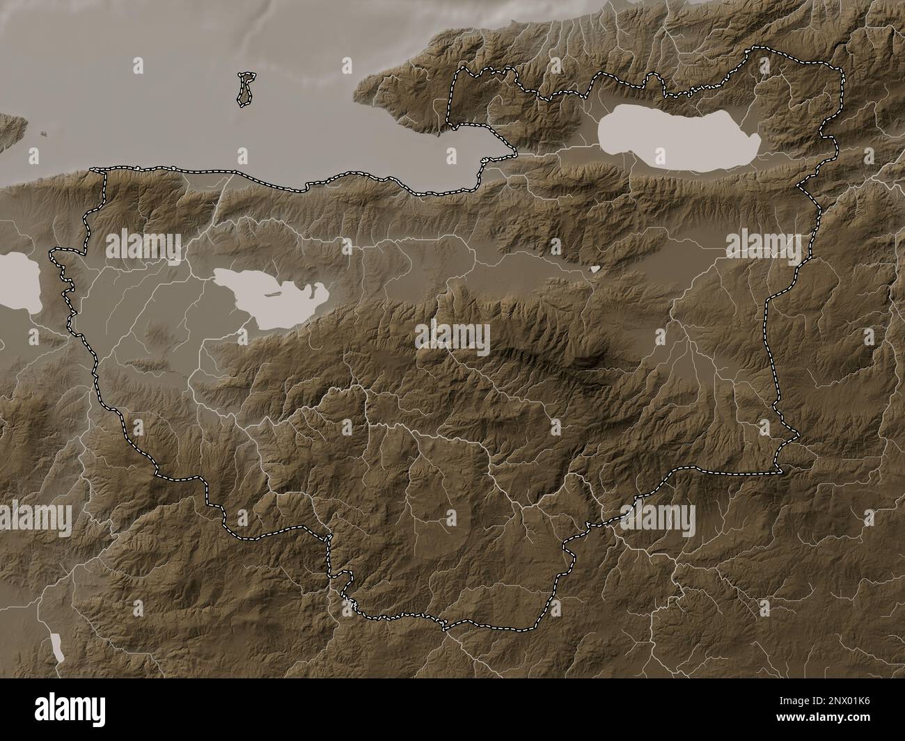 Bursa, province of Turkiye. Elevation map colored in sepia tones with ...