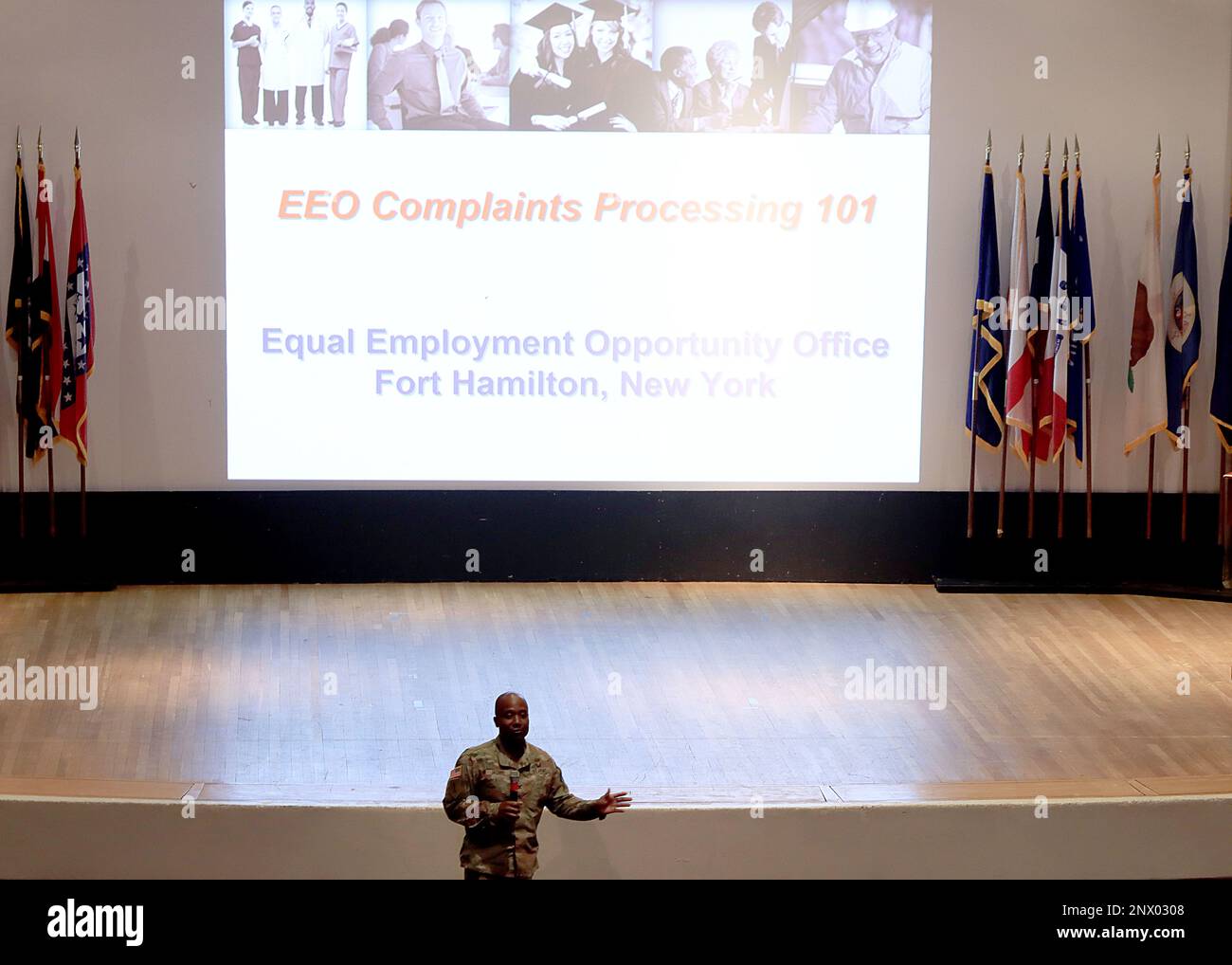 U.S. Army COL Brian A. Jacobs, USAG Fort Hamilton garrison Commander, provides opening comments at the FY23 Equal Employment Opportunity (EEO) Annual training held at United States Army Garrison Fort Hamilton, Brooklyn, NY on January 20, 2022. The annual training was coordinated by Mr. Victor R. Colon, EEO Officer for the Garrison. Stock Photo