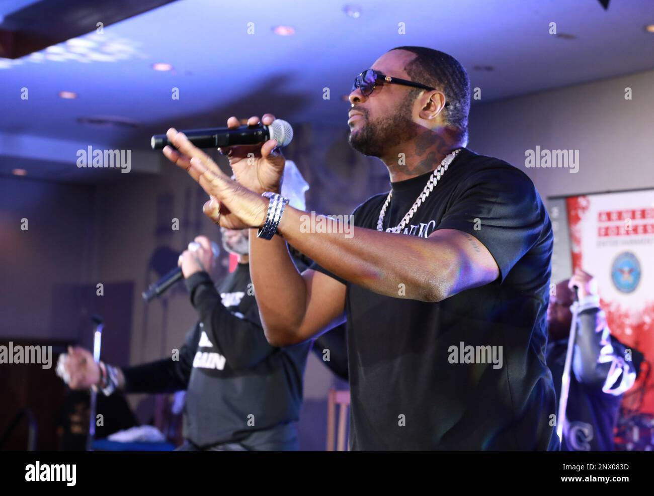 Dru Hill member Scola sings a song during the group’s concert Jan. 10 at the Camp Zama Community Club at Camp Zama, Japan. The group was in Japan as part of a tour of U.S. military bases in Asia in conjunction with Armed Forces Entertainment. Stock Photo