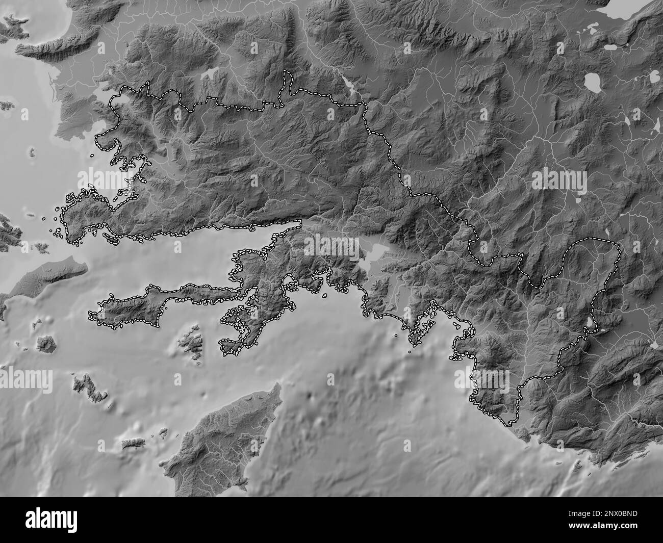 Mugla, province of Turkiye. Grayscale elevation map with lakes and rivers Stock Photo