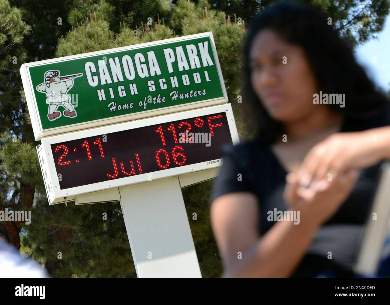 The digital time and temperature sign at Canoga Park High School reads