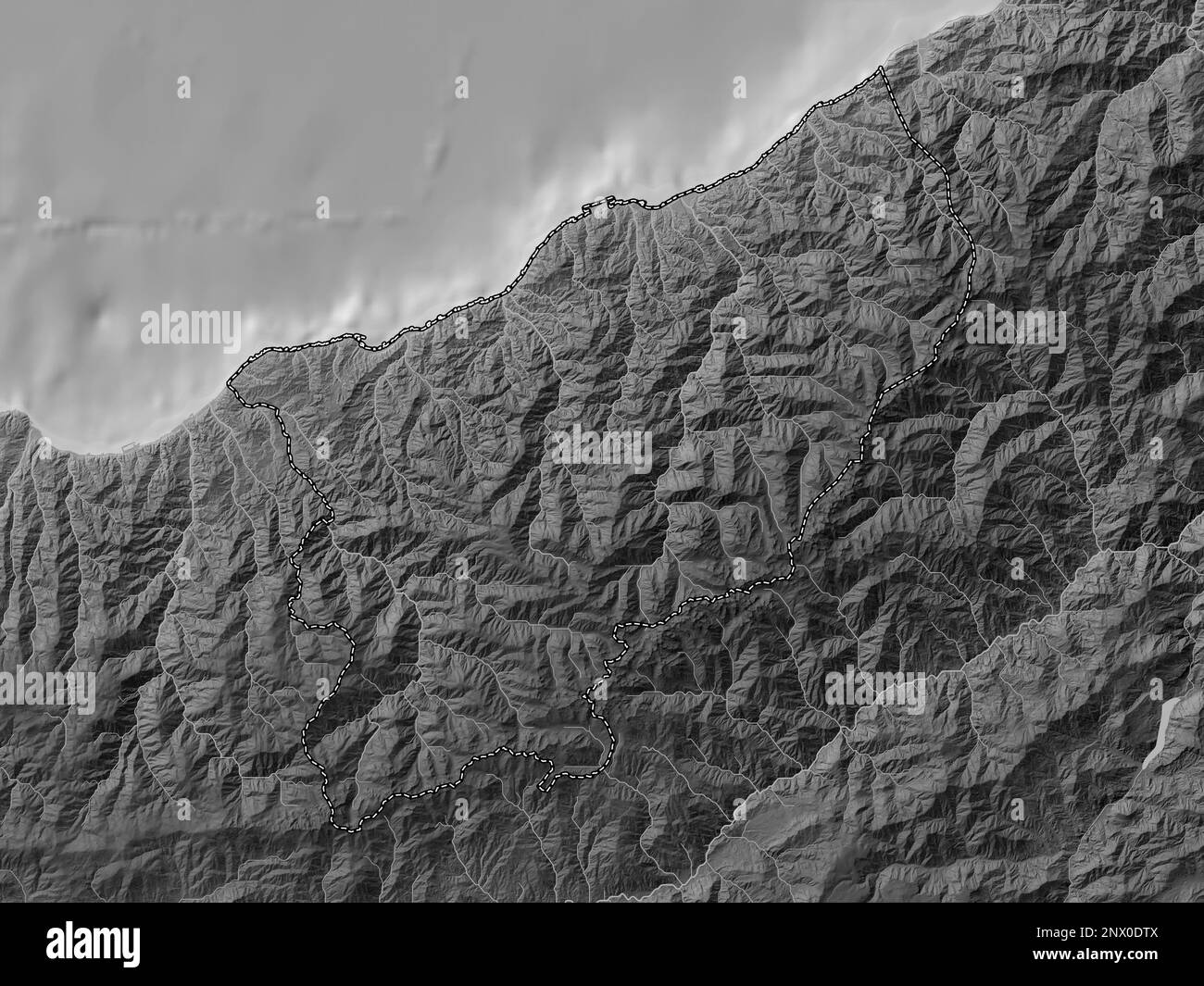 Rize, province of Turkiye. Grayscale elevation map with lakes and rivers Stock Photo