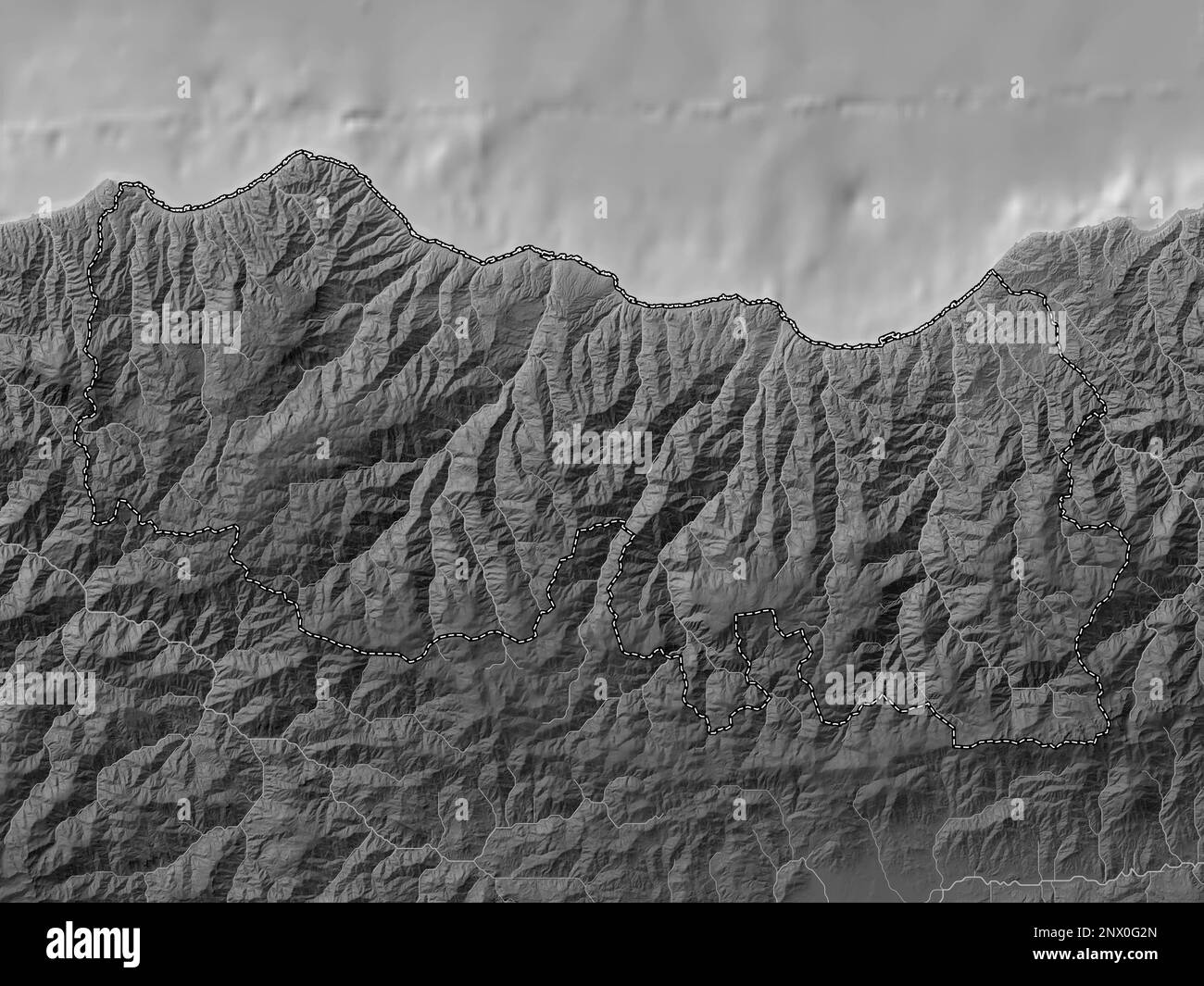 Trabzon, province of Turkiye. Grayscale elevation map with lakes and rivers Stock Photo