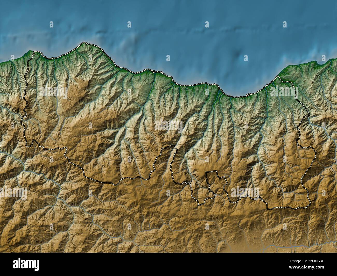 Trabzon, province of Turkiye. Colored elevation map with lakes and rivers Stock Photo