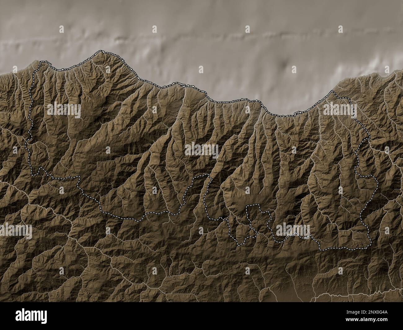Trabzon, province of Turkiye. Elevation map colored in sepia tones with lakes and rivers Stock Photo