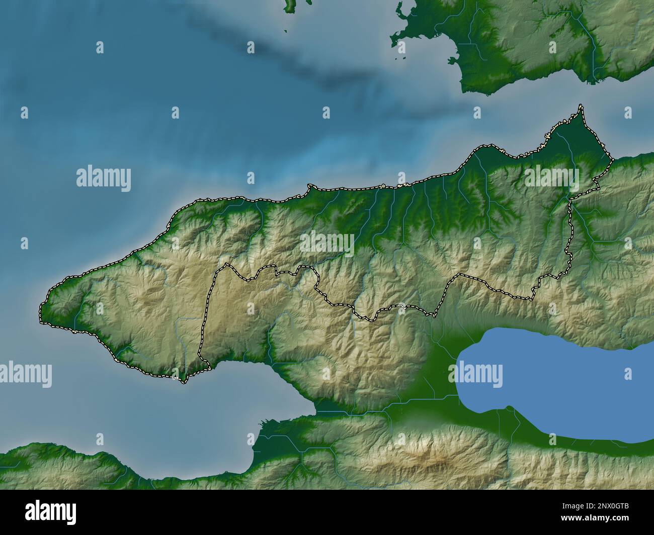 Turkiye Rivers Yalova, province of Turkiye. Colored elevation map with lakes and ...
