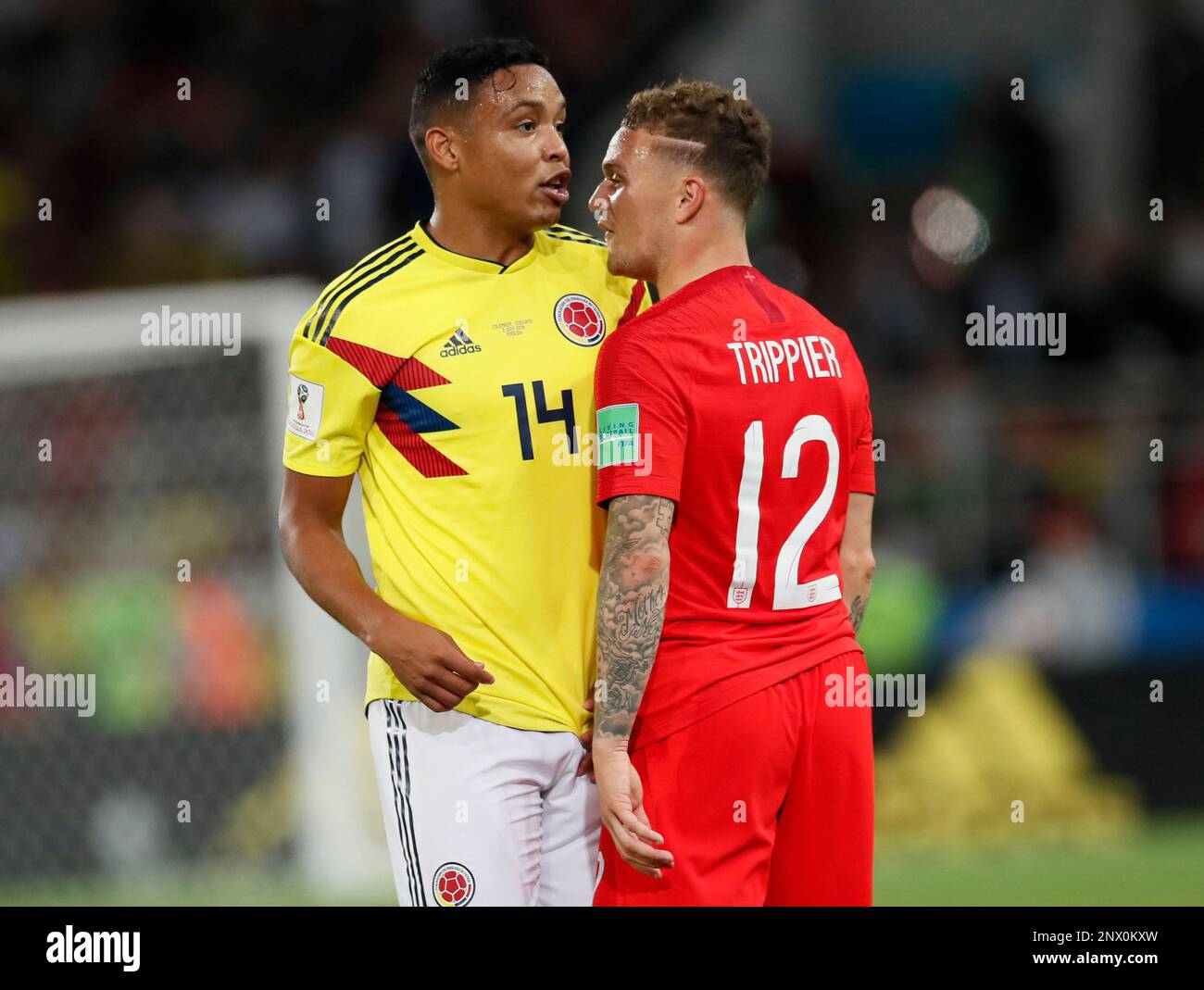 Kieran Trippier of England clashes with Luis Muriel of Colombia during the  FIFA World Cup 2018 Round of 16 match at the Spartak Stadium, Moscow.  Picture date 3rd July 2018. Picture credit