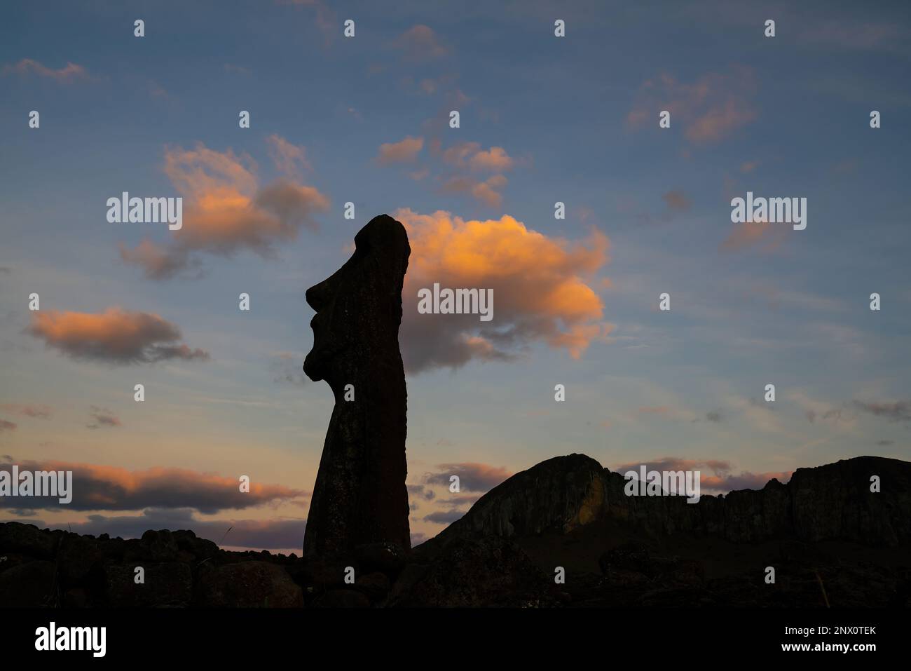 The ancient moai of Ahu Togariki, on Easter Island of Chile at sunrise ...