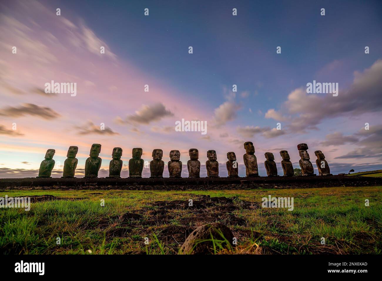 The ancient moai of Ahu Togariki, on Easter Island of Chile at sunrise ...