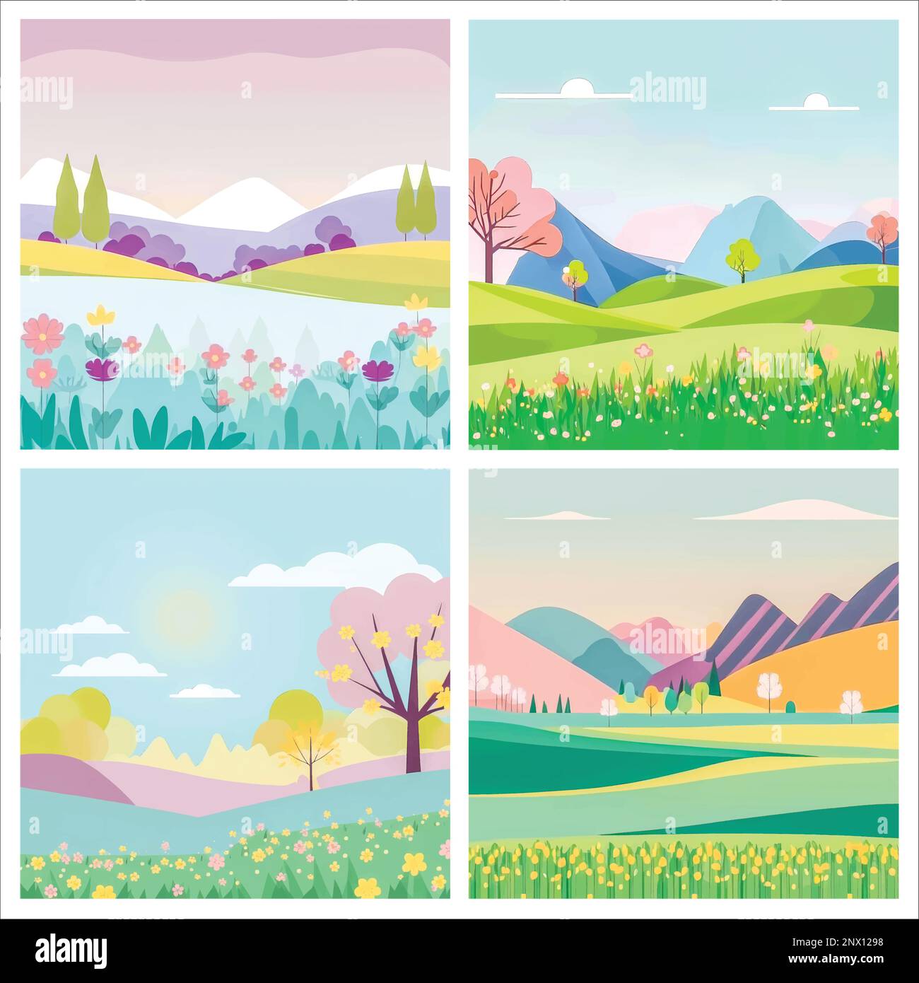 Peaceful natural landscape illustration with green trees, rolling hills, and a clear blue sky - perfect for any project needing a serene outdoor setti Stock Vector