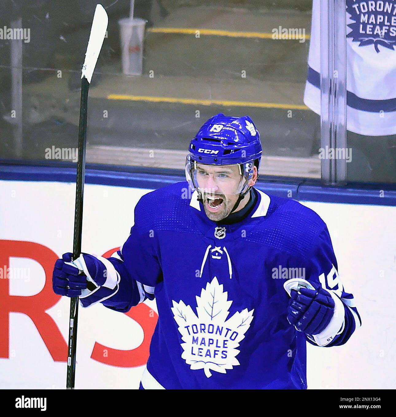 FILE - In this April 19, 2018, file photo, Toronto Maple Leafs center Tomas  Plekanec (19), of the Czech Republic, celebrates his goal against the  Boston Bruins during the first period of