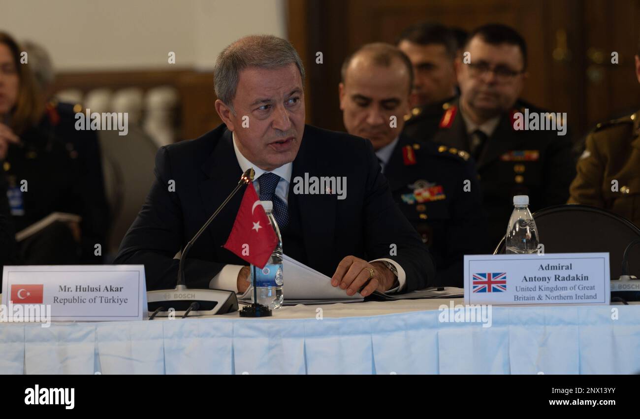 RAMSTEIN AIR BASE, Germany - Turkish Minister of Defence Hulusi Akar speaks during the Ukraine Defense Contact Group at Ramstein Air Base, Germany, Jan. 20, 2023. The world leaders met to maintain close coordination between Allies and partners while continuously reviewing defense forces and making decisions regarding the movement of forces within Europe. Stock Photo