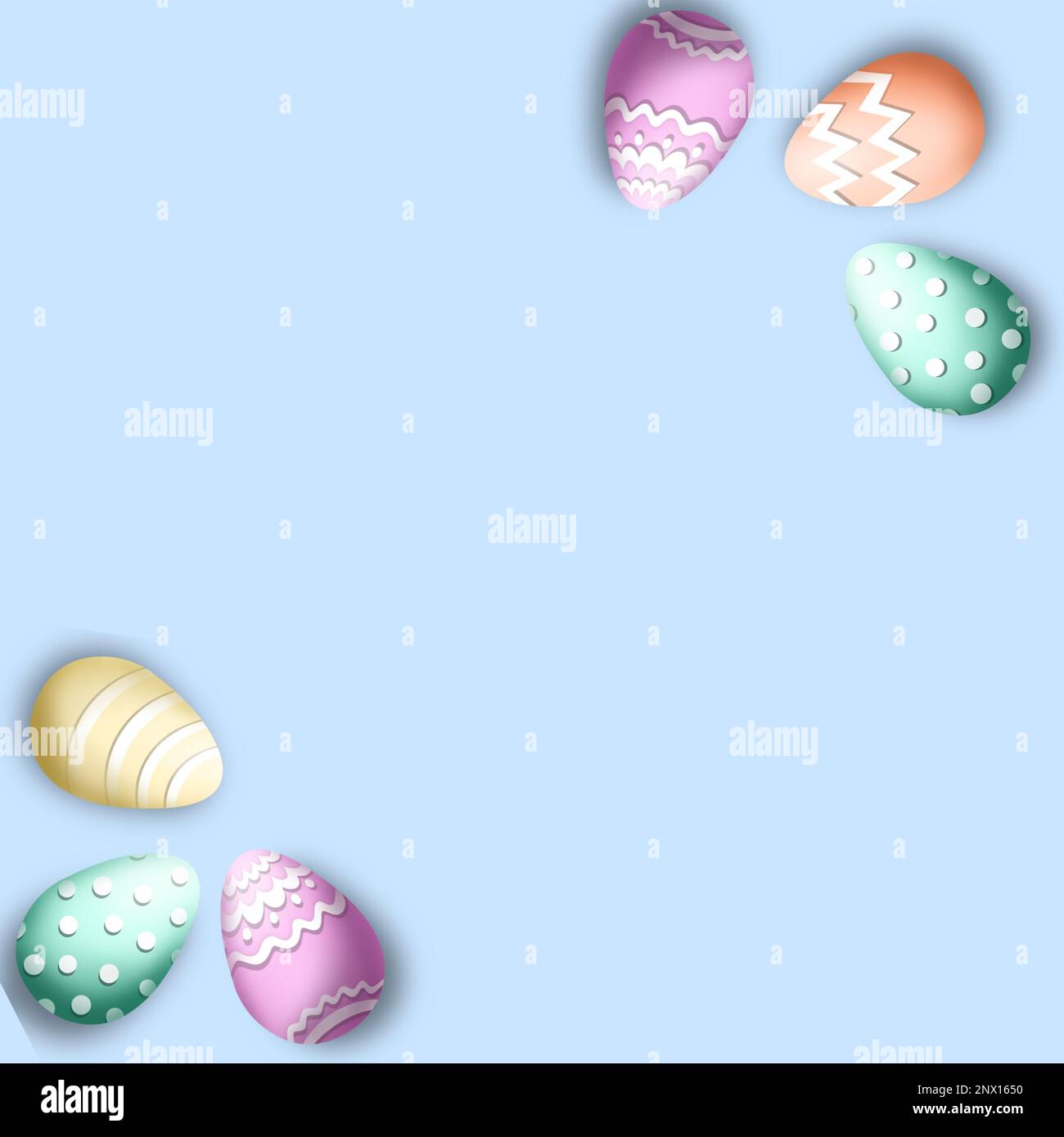 Colorful 3D pastel eggs on the sides with light blue background - happy Easter Christian holiday playful rainbow wallpaper, banner, poster decoration Stock Photo