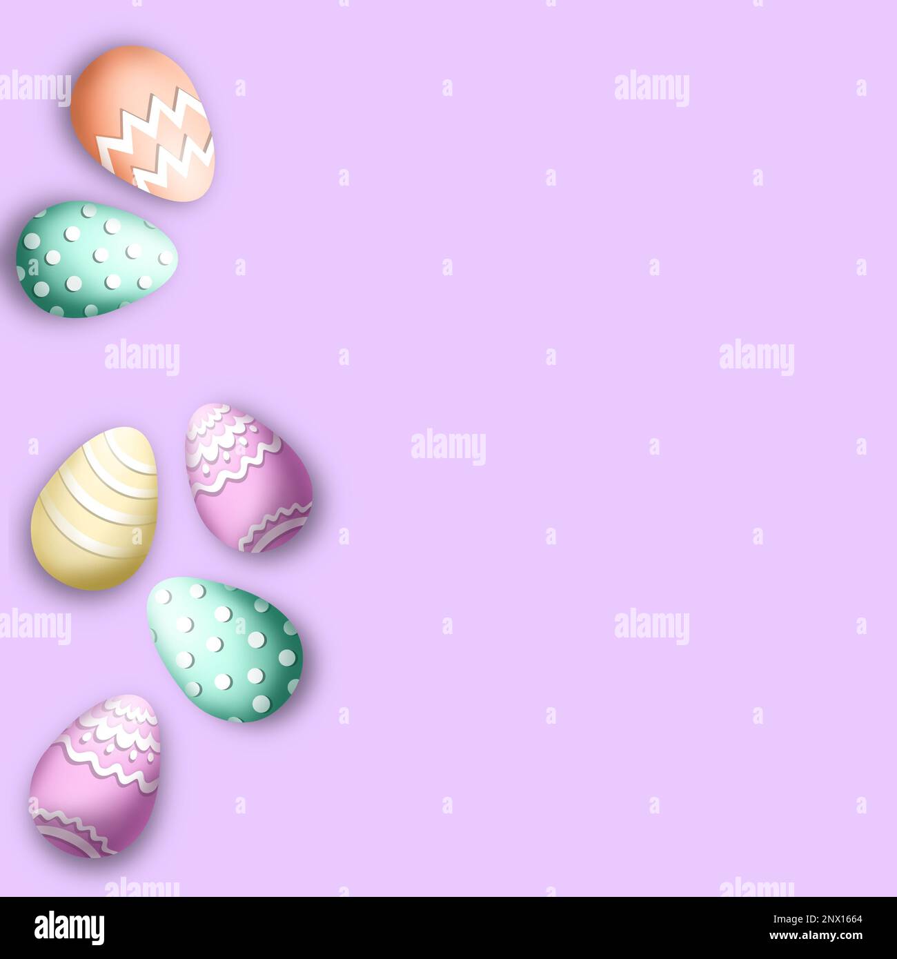 Pastel 3D Easter eggs - playful soft design for the holiday - banner, wallpaper, postcard, post on social media with copy space for text; on purple Stock Photo