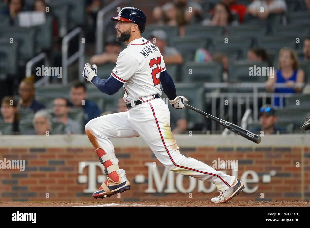 ATLANTA, GA – APRIL 26: Atlanta Braves second baseman Ozzie Albies (1)  catches a line drive in front of teammate Johan Camargo (17) during the  game between the Atlanta Braves and the